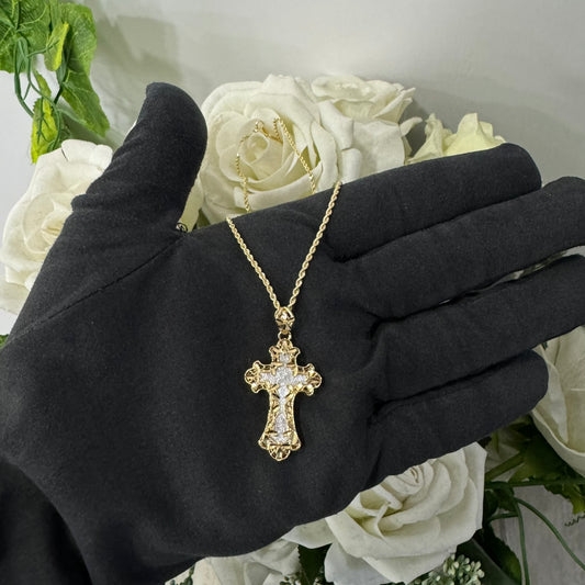 Collana fune con croce traforata a fiori duo oro