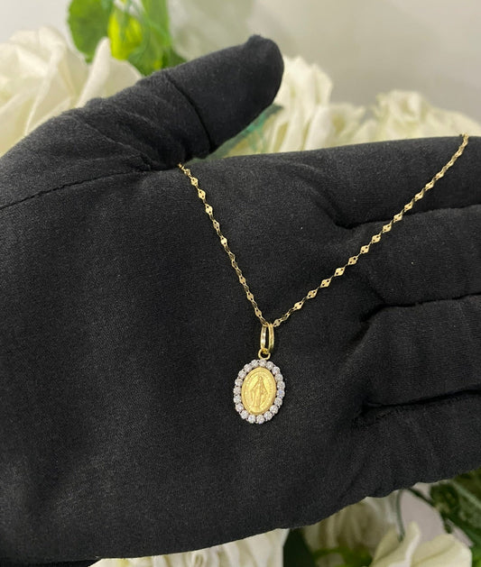 Collana specchiatina con madonnina piccola oro e zirconi