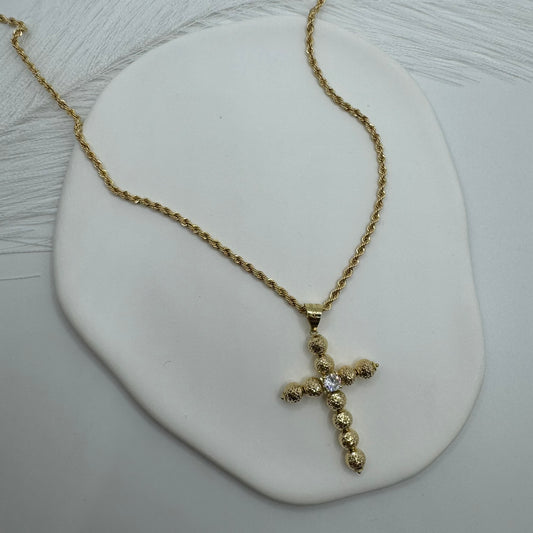 Collana fune con croce sfere zirconi oro