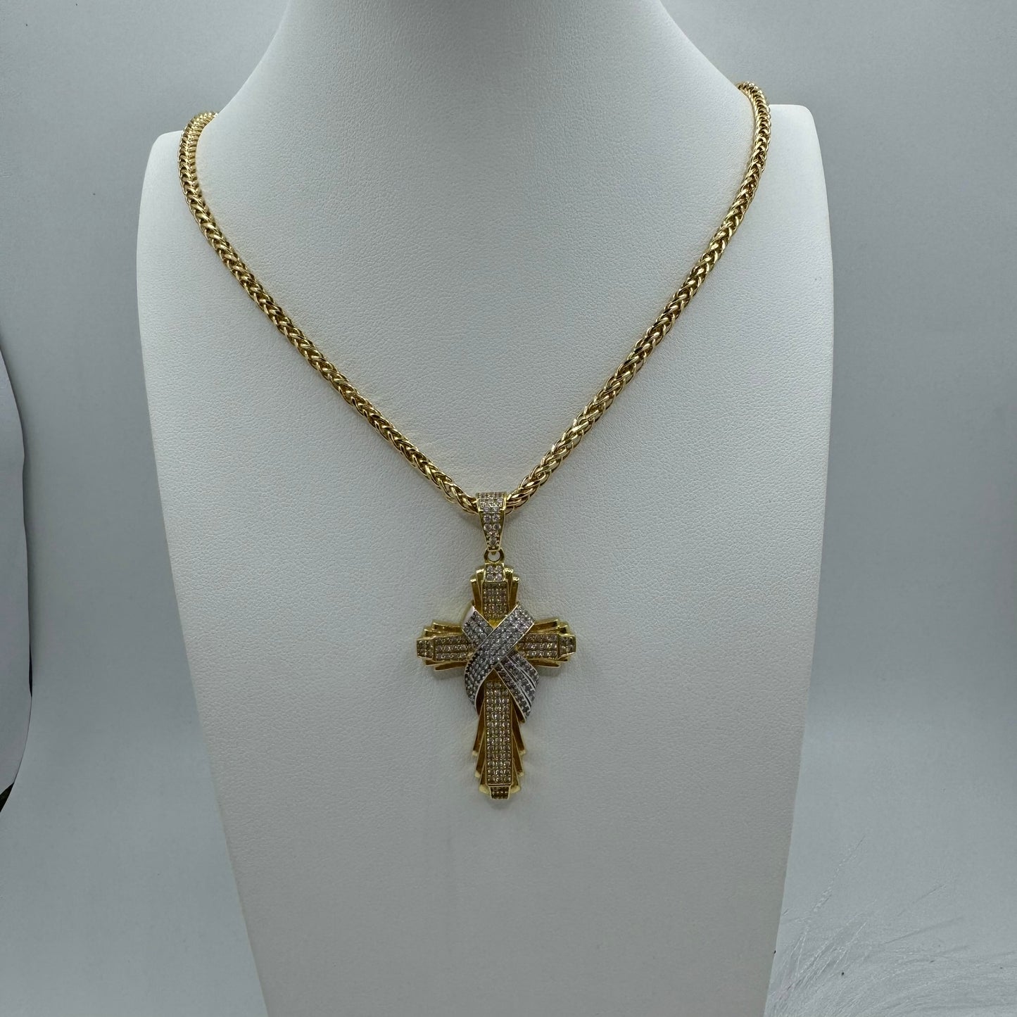 Collana spiga con croce bicolor zirconata oro