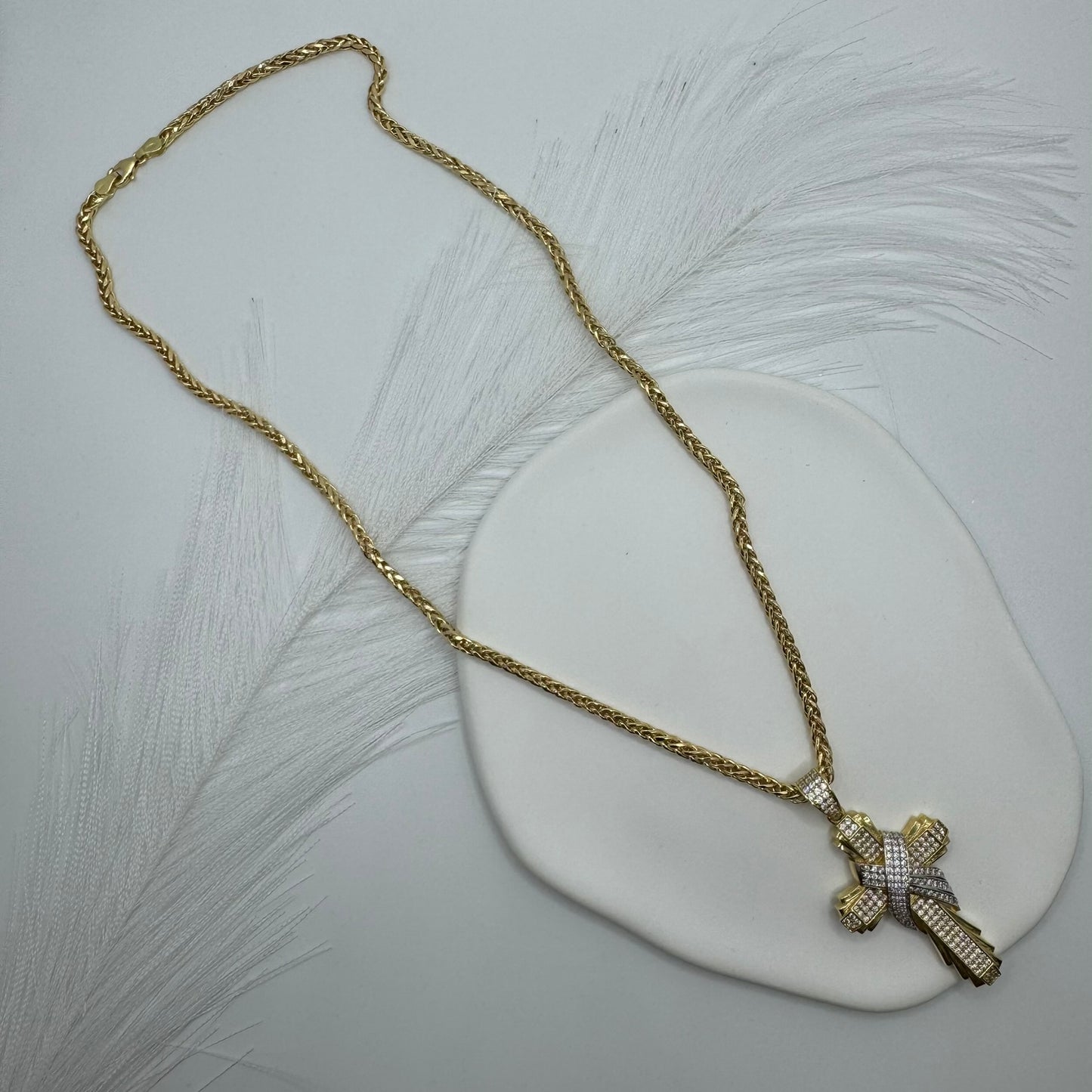 Collana spiga con croce bicolor zirconata oro