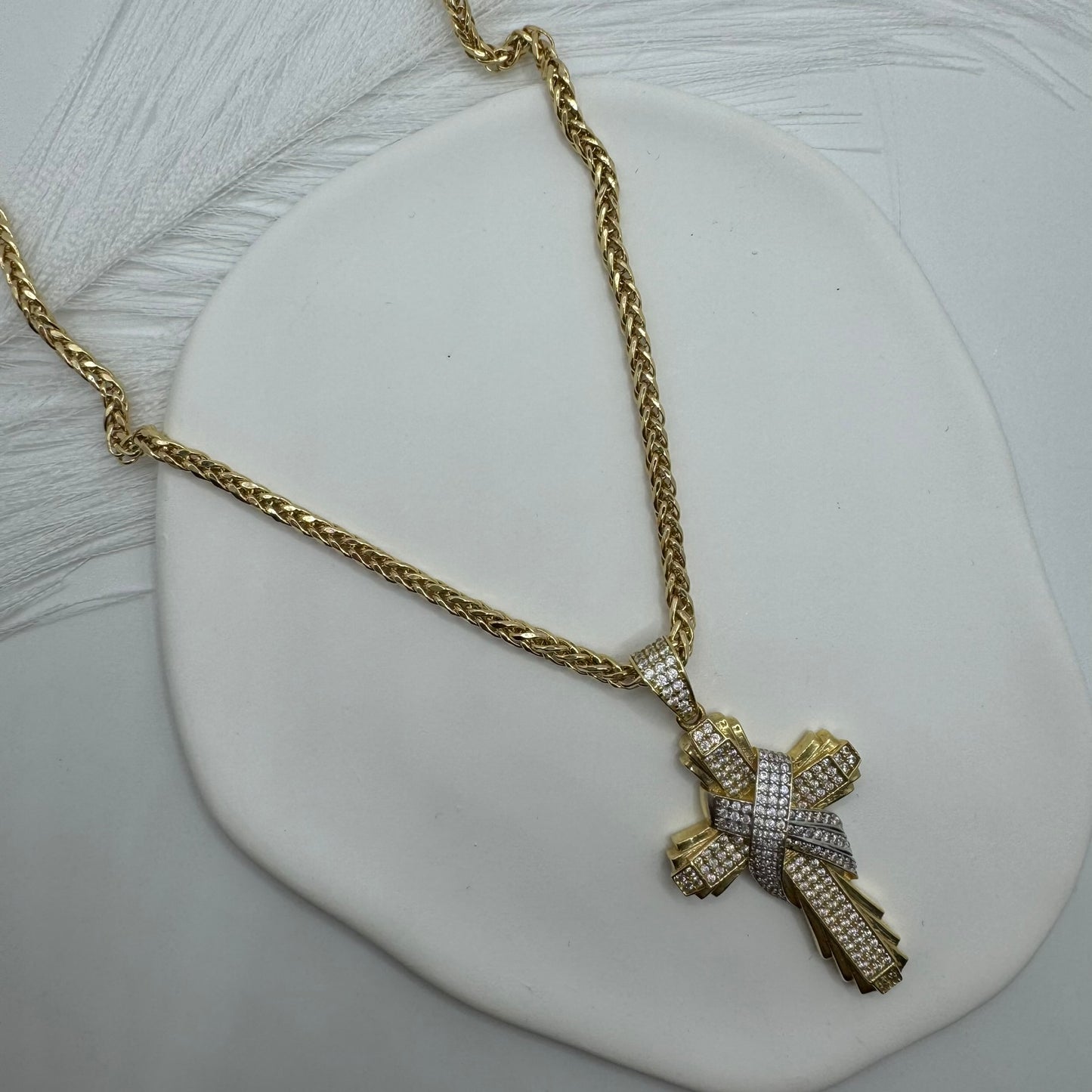 Collana spiga con croce bicolor zirconata oro