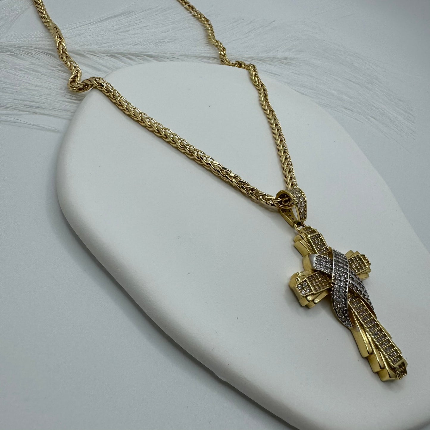 Collana spiga con croce bicolor zirconata oro