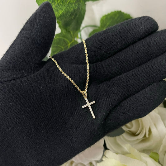 Collana fune con croce esile oro e zirconi